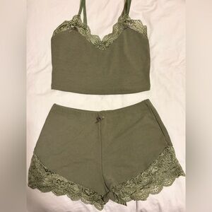 Olive Green Lace Trim Loungewear/Sleepwear Set